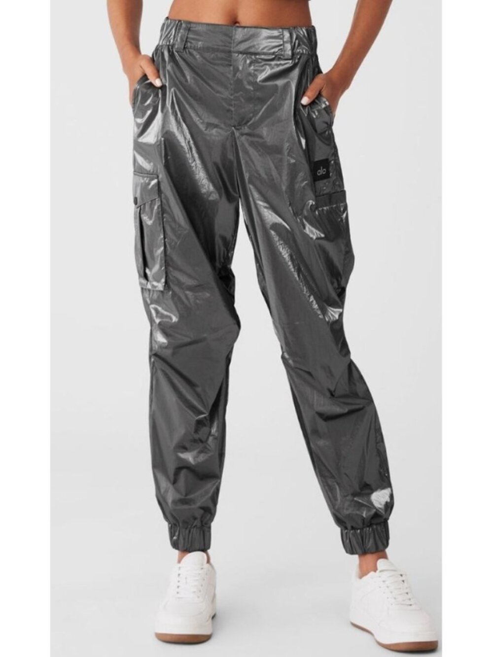 Alo Metallic High-Waist Break Line Joggers Silver Chrome Shiny Hi-Rise Waisted S
